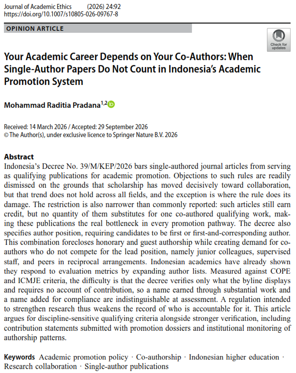 Your Academic Career Depends on Your Co-Authors: When Single-Author Papers Do Not Count in Indonesia’s Academic Promotion System