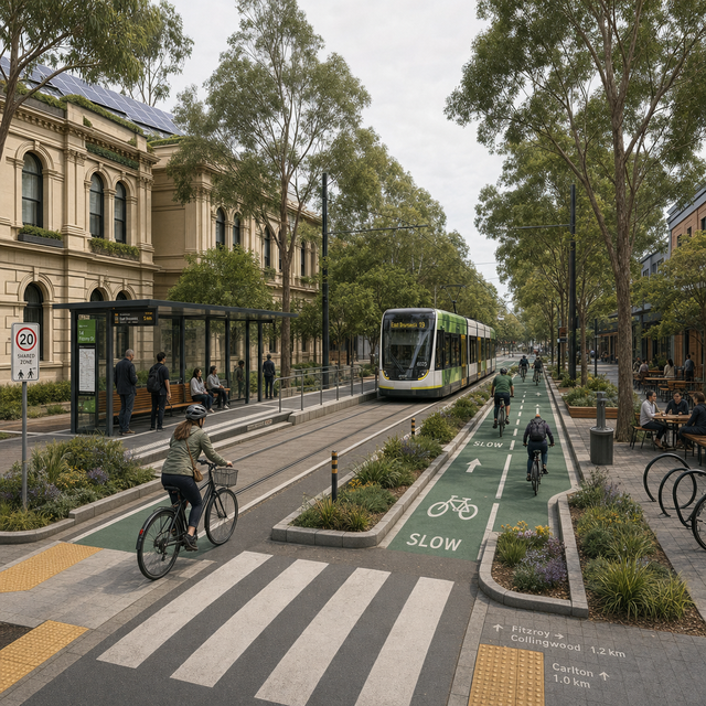 AI-generated streetscape using a prompt with explicitly named elements