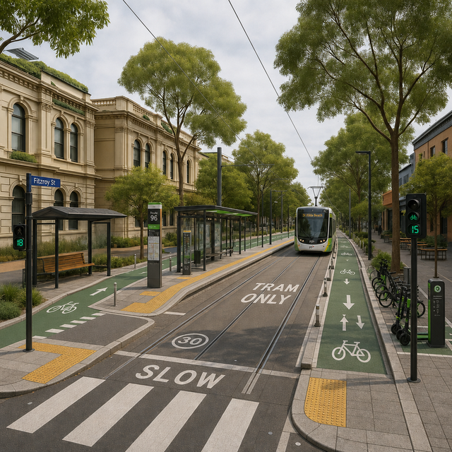 AI-generated streetscape using a prompt emphasizing non-vegetation elements