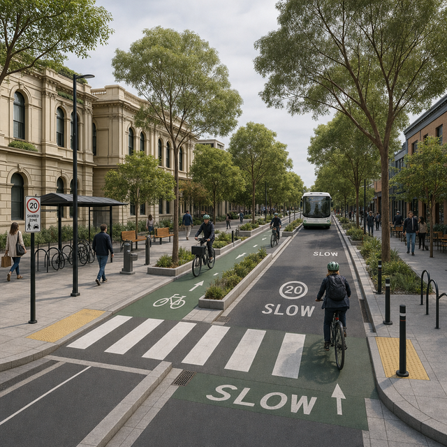 AI-generated streetscape using a prompt about sustainable movement/transport