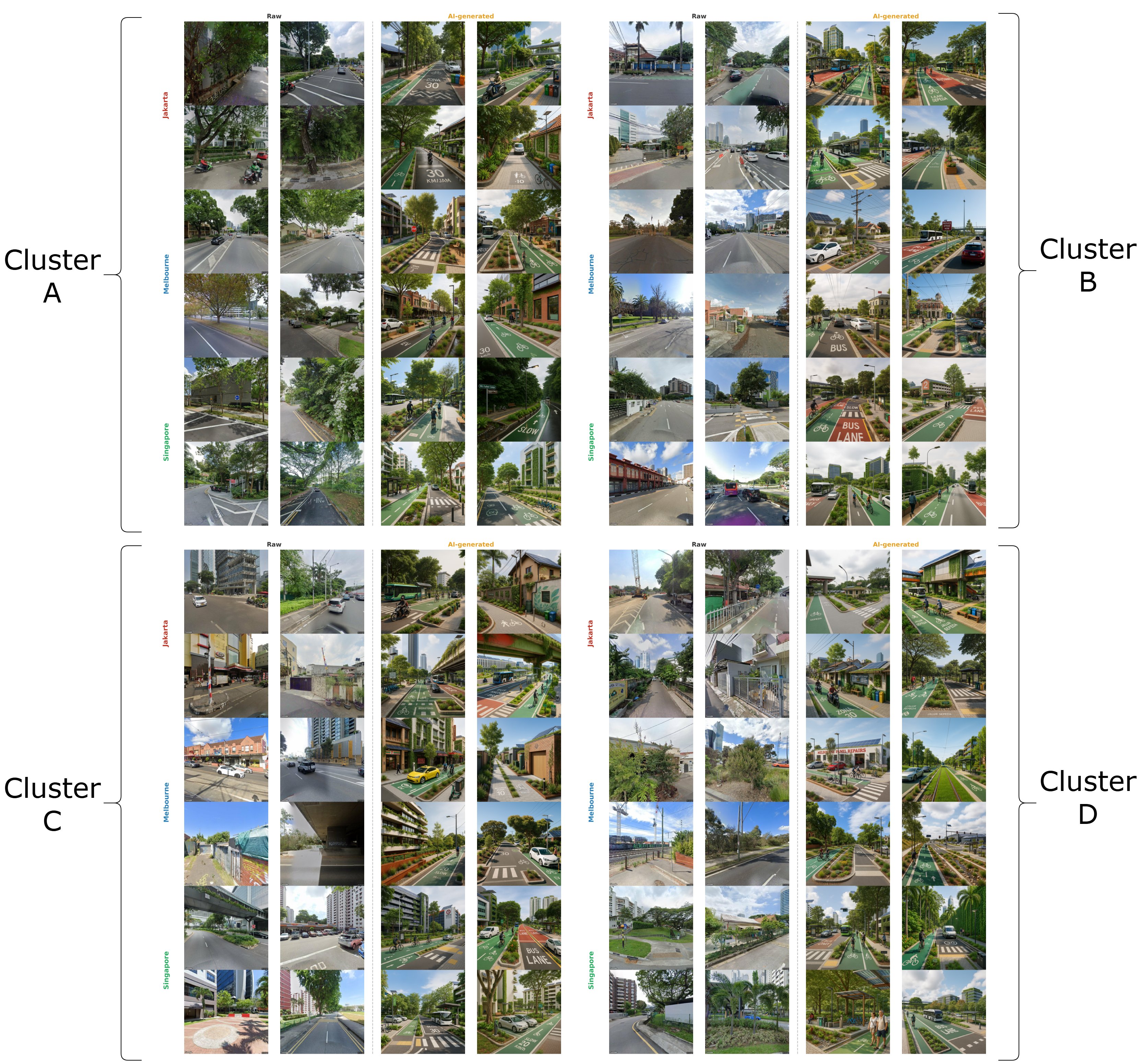 Four-cluster typology of streetscapes across raw and AI-generated images, with examples from Jakarta, Melbourne, and Singapore.
